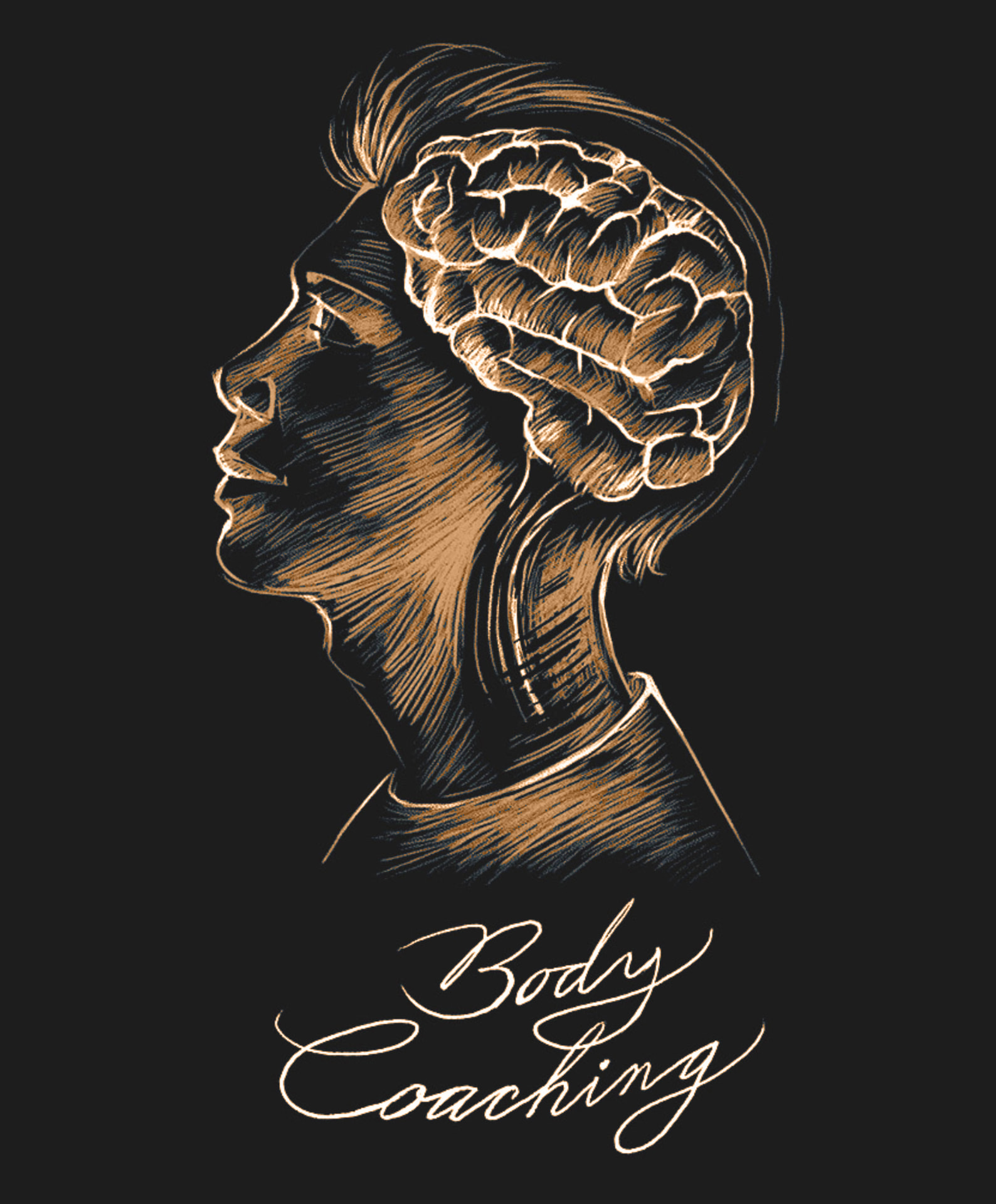 Gold head and brain illustration with Body Coaching lettering