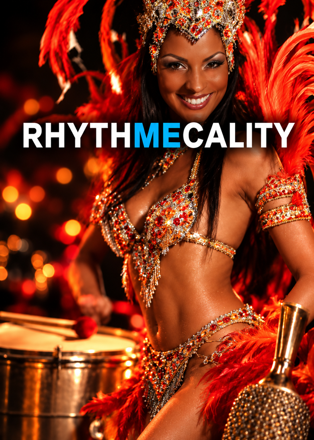 RHYTMECALITY: carnival dancer with feathered headdress and percussion in warm red and gold light