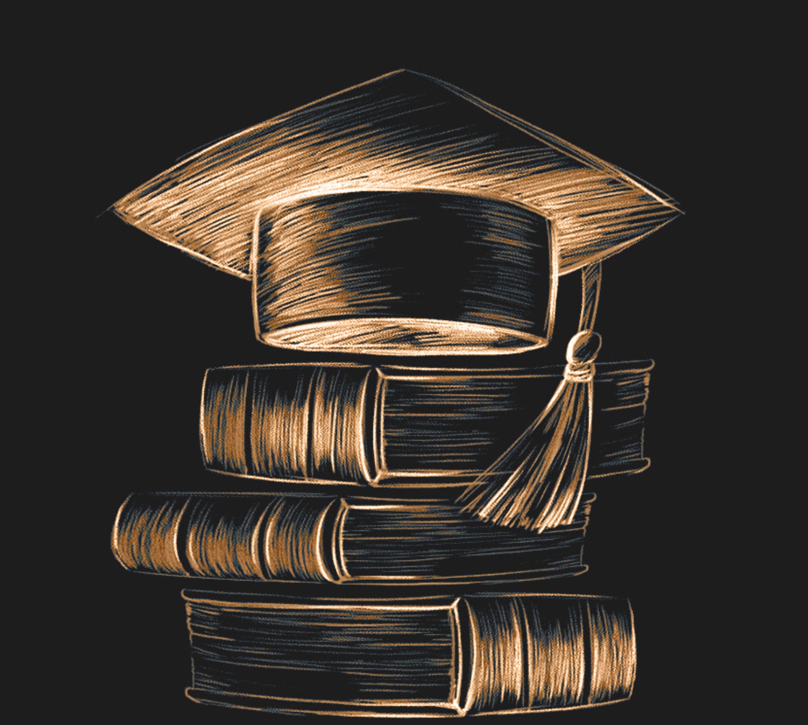 Gold illustration of books and a graduation cap